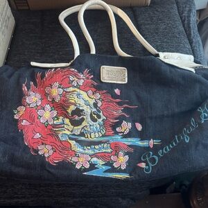 Ed Hardy 
Denim Blue Tote with Colorful Skull Art